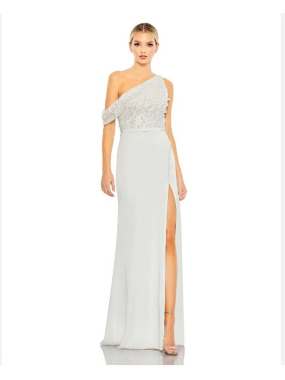 Mac Duggal Dress Womens 2 White Beaded One Shoulder Satin Maxi Wedding Gown